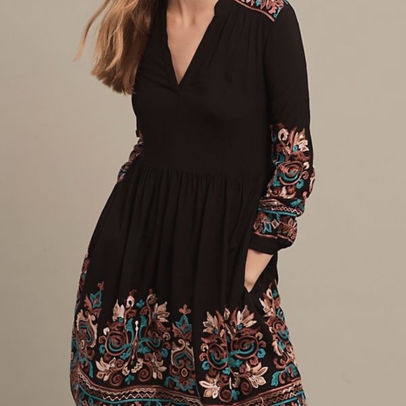 Anthropologie Embroidered Black Dress Floreat